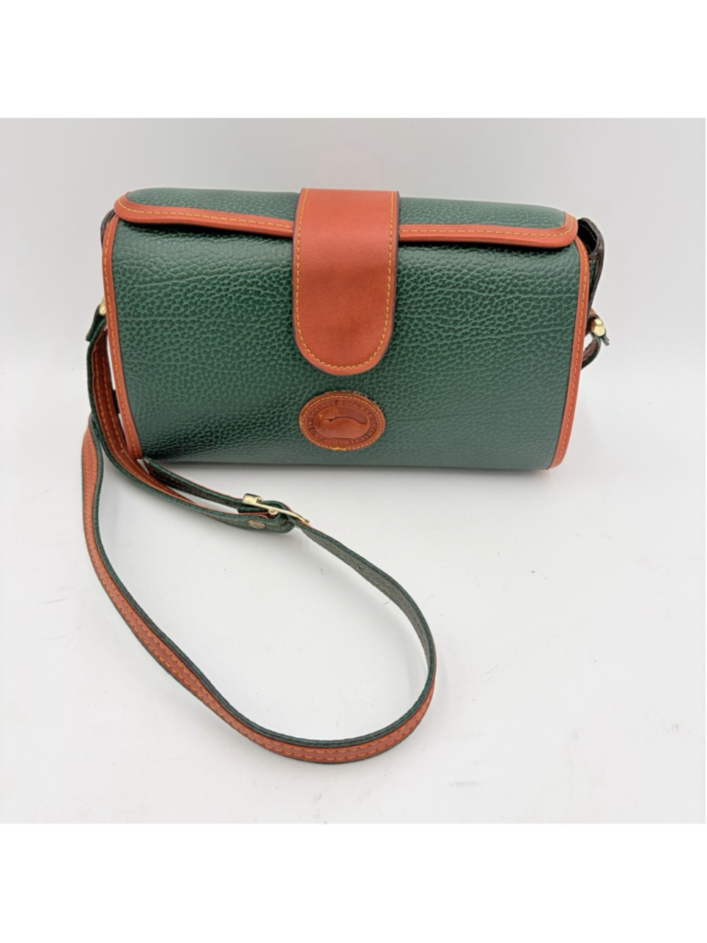 Vintage Dooney & Bourke AWL Barrel Papillon Bag Green Tan Leather Crossbody
